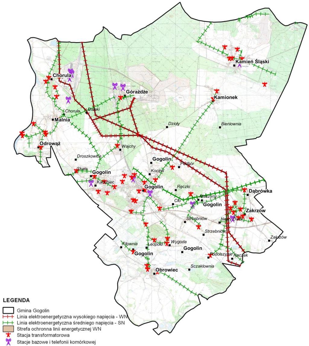 RYS. NR 5 Lokalizacja sieci elektroenergetycznych WN i SN wraz ze stacjami transformatorowymi,