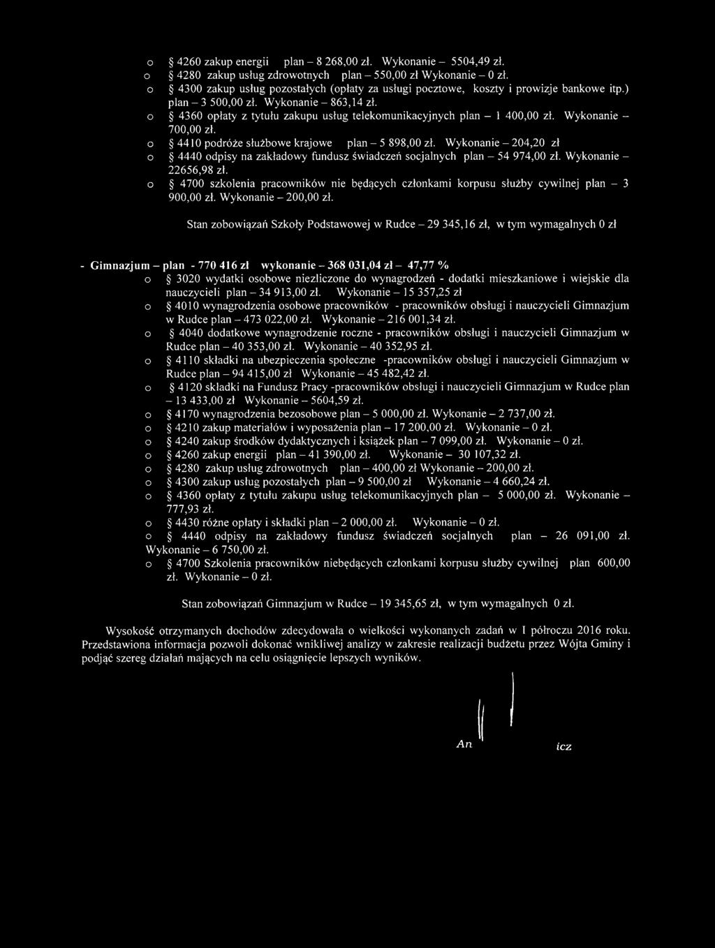 Wyknanie - 700.00 zł. 4410 pdróże służbwe krajwe plan - 5 898,00 zł. Wyknanie - 204,20 zł 4440 dpisy na zakładwy fundusz świadczeń scjalnych plan - 54 974,00 zł. Wyknanie - 22656,98 zł.