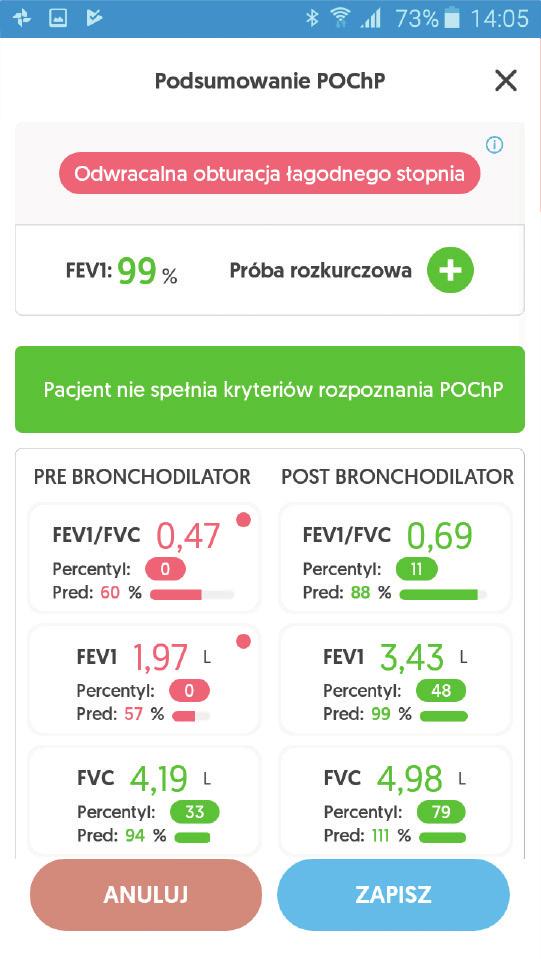 Diagnostyka POChP - porównanie wyników 1 Po przeprowadzeniu prawidłowego badania spirometrycznego aplikacja przedstawi oraz porówna wyniki z badania przed i po podaniu pacjentowi leków rozkurczowych.