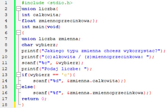 Typ Unia Typ danych bardzo podobny do struktury Jest definiowany w analogiczny sposób unia nazwa{ int element_1; char