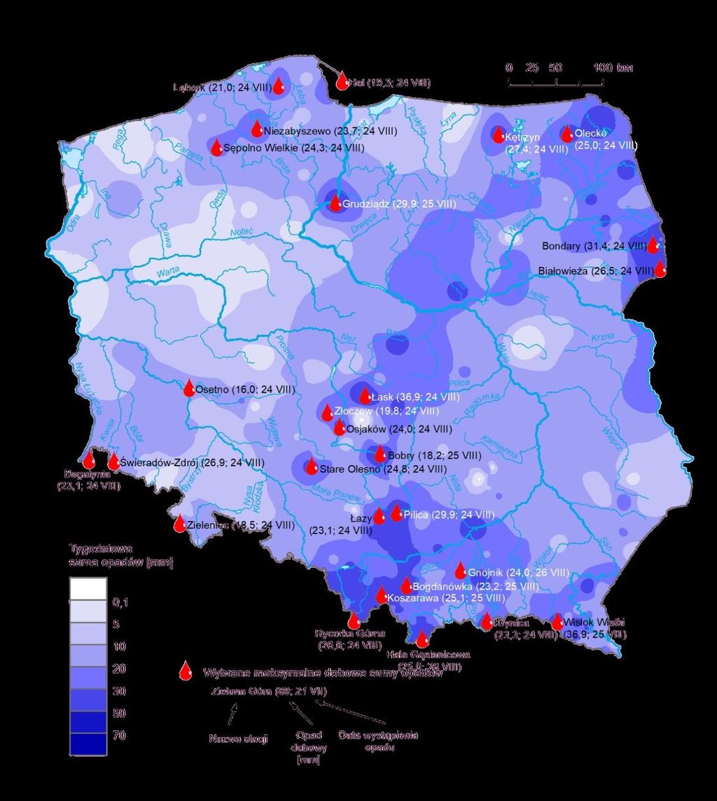 3. Rozkład tygodniowej sumy opadów oraz wybrane