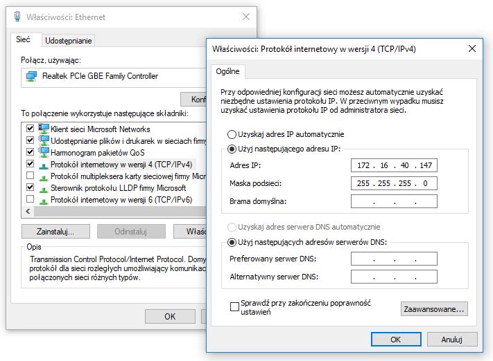 9. Wybrać opcję Użyj następującego adresu IP i wprowadzić adres IP: 192.168.0.