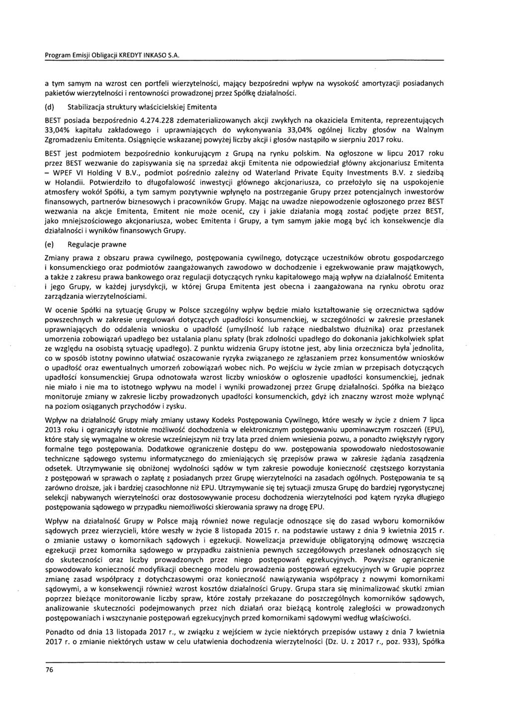 a tym samym na wzrost cen portfeli wierzytelności, mający bezpośredni wpływ na wysokość amortyzacji posiadanych pakietów wierzytelności i rentowności prowadzonej przez Spółkę działalności.
