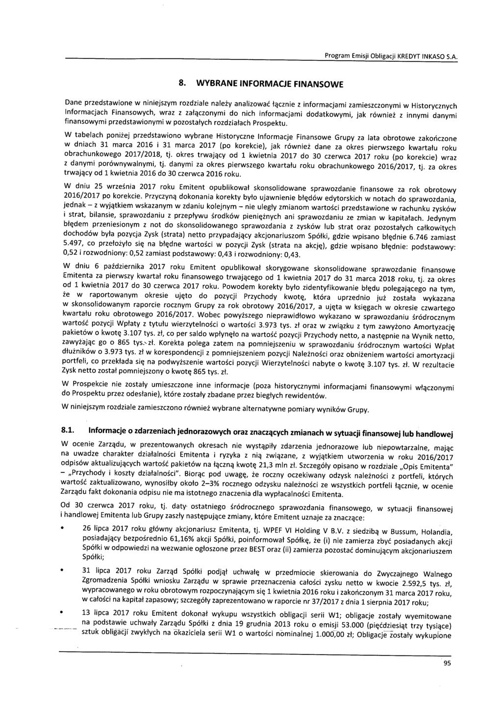 8. WYBRANE INFORMACJE FINANSOWE Dane przedstawione w niniejszym rozdziale należy analizować łącznie z informacjami zamieszczonymi w Historycznych Informacjach Finansowych, wraz z załączonymi do nich