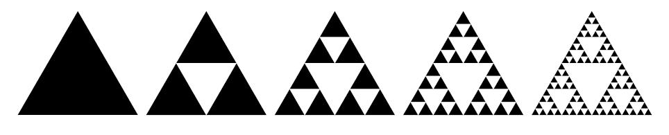 Trójkąt Sierpińskiego Dziwne podzbiory płaszczyzny (zajmuje się nimi topologia): Rysunek przedstawia 4 kolejne kroki (iteracje).