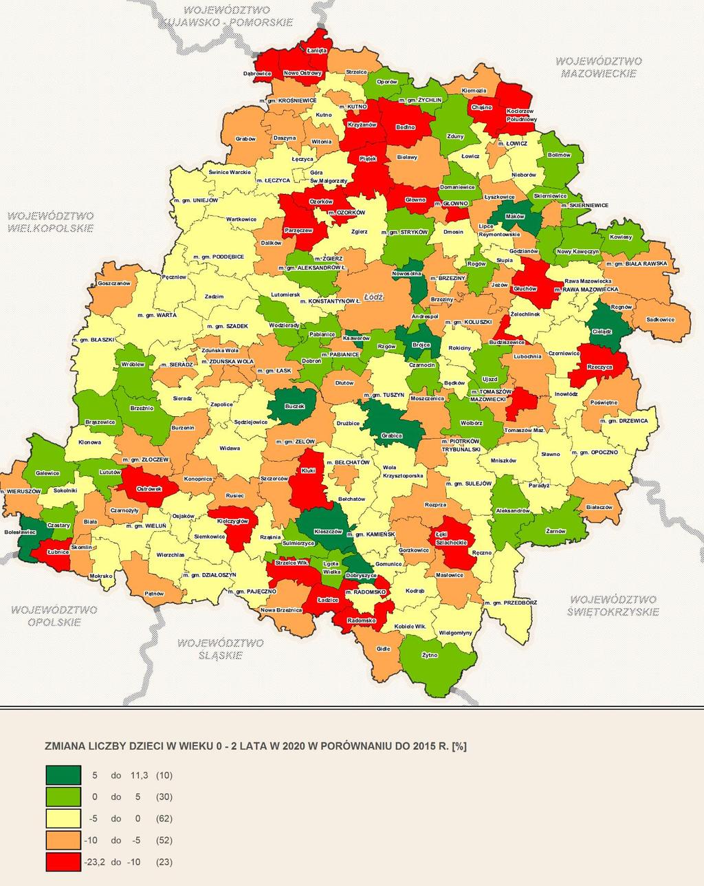 Mapa 1. Procentowa zmiana liczby dzieci w wieku 0-2 lat w 2020 r. w porównaniu do 2015 r.