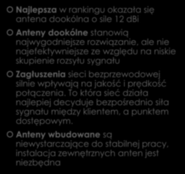 Najważniejsze wnioski: Najlepsza w rankingu okazała się antena dookólna o sile 12 dbi Anteny dookólne stanowią najwygodniejsze rozwiązanie, ale nie najefektywniejsze ze względu na niskie skupienie