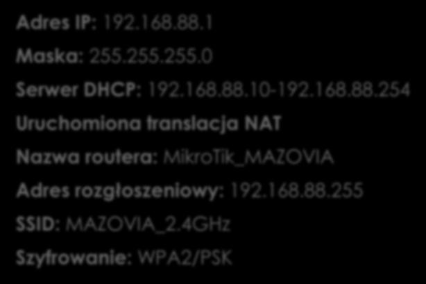 Konfiguracja sieci Adres IP: 192.168.88.
