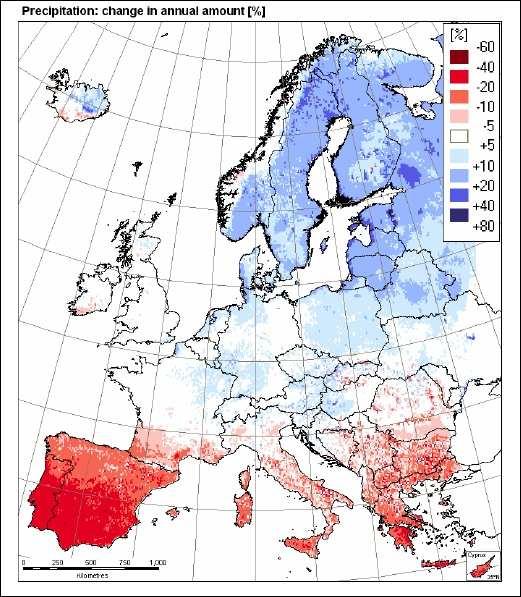 Prognoza sum opadu atmosferycznego na lata 2071-2100 w stosunku do lat 1961-1990 Zmiany średniej rocznej sumy