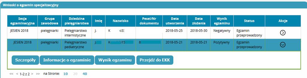 W menu akcji dostępne są różne przyciski w zależności od statusu wniosku i przeprowadzonego egzaminu. Wybór wniosku o egzamin specjalizacyjny 3.1.