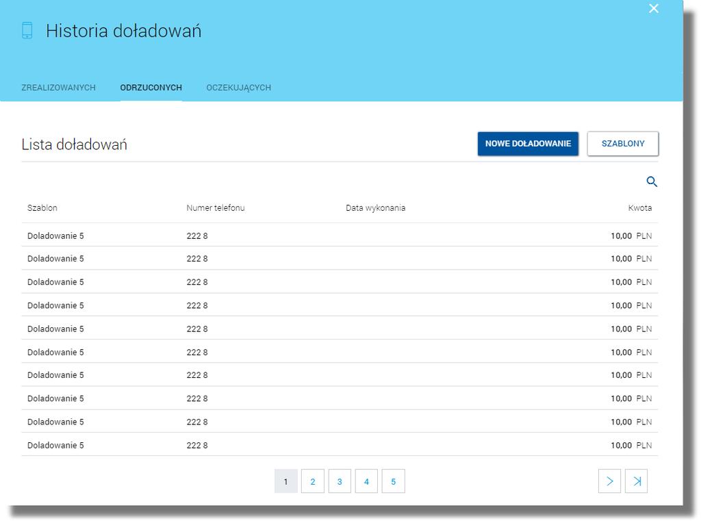 Rozdział 5. Przeglądanie historii doładowań Rozdział 5. Przeglądanie historii doładowań Po wybraniu miniaplikacji Doładowania wyświetlane jest okno prezentujące historię doładowań użytkownika.