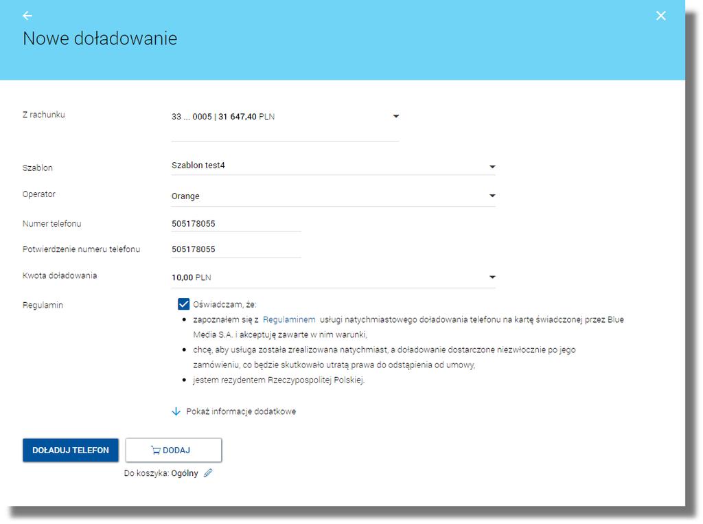 Rozdział 7. Zlecenie doładowania z szablonu Regulamin - pole typu checkbox, potwierdzające zapoznanie się z regulaminem usługi natychmiastowego doładowania.