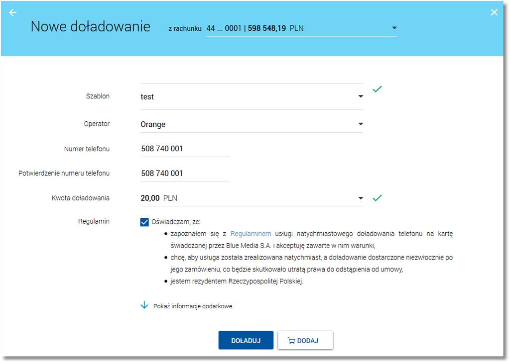 Rozdział 7 Zlecenie doładowania z szablonu Wybór odnośnika Pokaż informacje dodatkowe powoduje wyświetlenie sekcji prezentującej treść klauzuli związanej z doładowaniem telefonów.