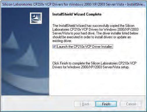 6. Zaznacz Launch the CP2l0x VCP Driver Installer i kliknij Finish 7.