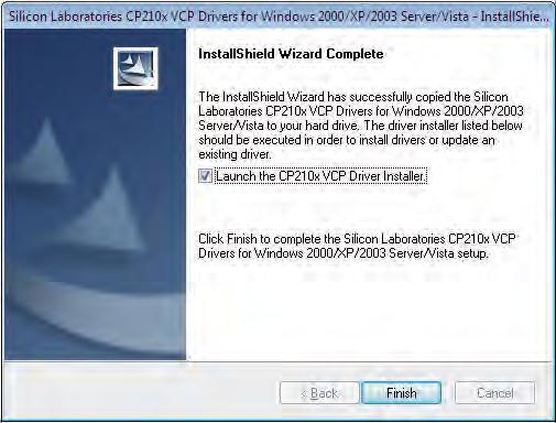 6. Zaznacz Launch the CP2l0x VCP Driver Installer i kliknij Finish 7.