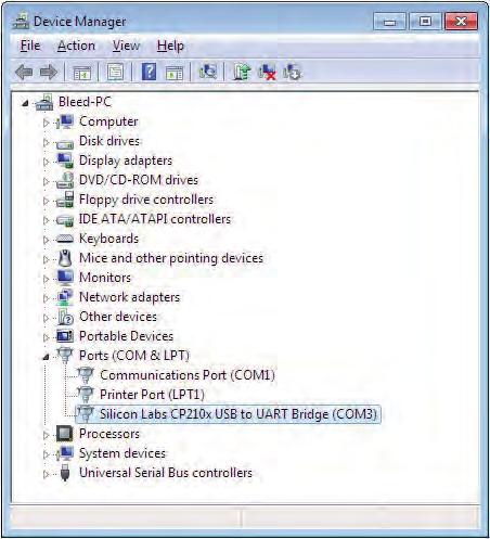 znajduje się Silicon Labs CP210 x USB to UART Bridge (COM 3).