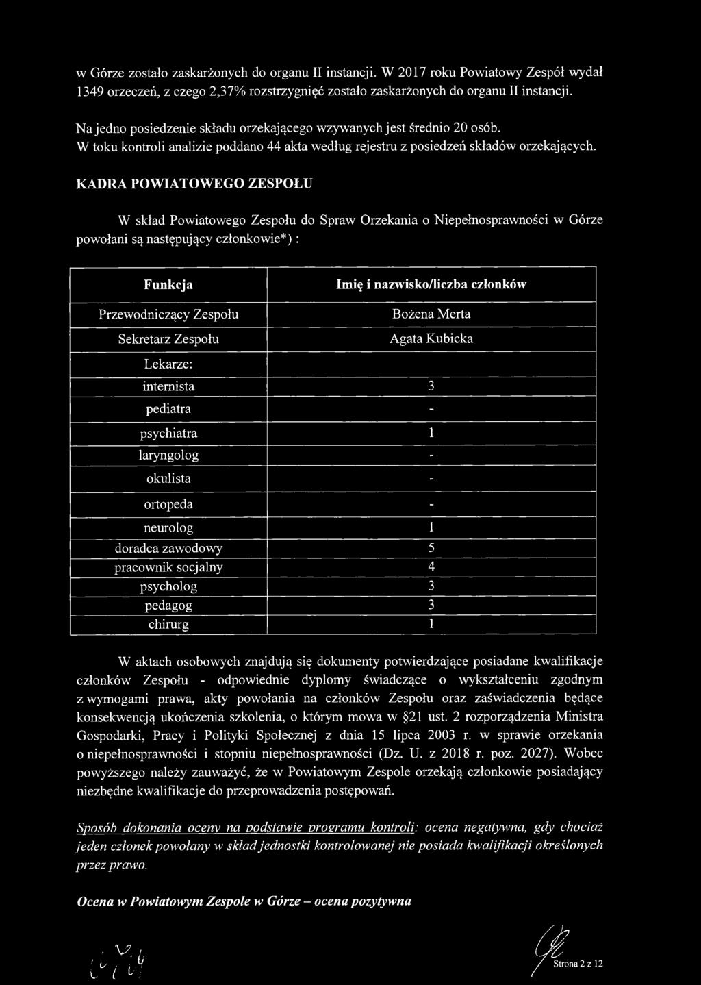 KADRA POWIATOWEGO ZESPOŁU W skład Powiatowego Zespołu do Spraw Orzekania o Niepełnosprawności w Górze powołani są następujący członkowie*) : Funkcja Przewodniczący Zespołu Sekretarz Zespołu Imię i