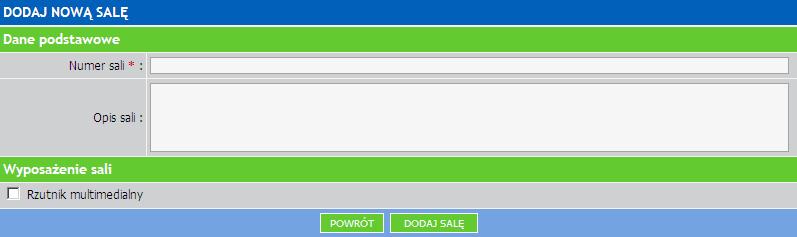 Lista wyświetla wcześniej dodane sale wykładowe z informacjami o numerze sali oraz krótkiej charakterystyce (np. sala komputerowa).