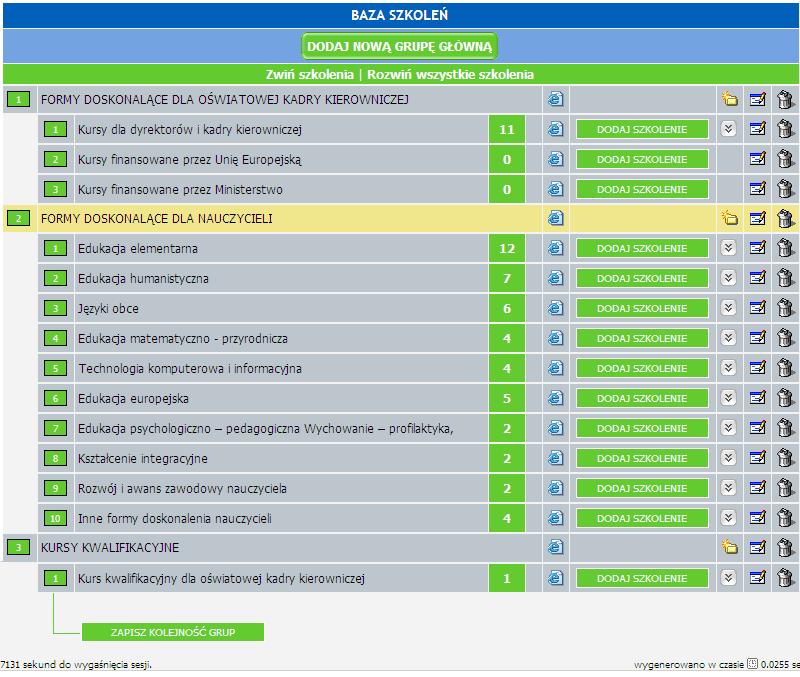 W module zarządzamy bazą kursów i szkoleń, na które będą mogli się zapisywać użytkownicy zarejestrowani w serwisie. 1.