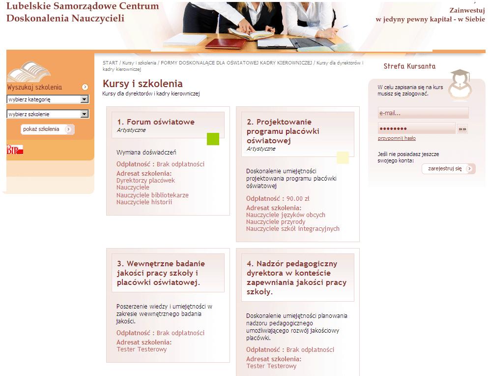 podgląd grupy lub szkolenia na stronie WWW liczba kursów/szkoleń w danej grupie kurs/szkolenie będzie widoczne na stronie serwisu kurs/szkolenie nie będzie widoczne na stronie serwisu dodaje