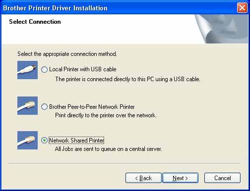 W przypadku korzystania z przewodu interfejsu sieciowego 7- Wybierz opcję Brother Peer-to-Peer Network Printer, a następnie kliknij przycisk [Next].