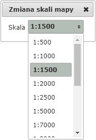 Rysunek 31 Okno Zmiana skali mapy z rozwiniętym menu Kliknięcie lewym przyciskiem myszy w wybraną z rozwiniętego menu pozycję spowoduje, że Panel widoku mapy będzie wyświetlany we wskazanej przez