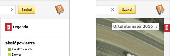 Istnieje możliwość ukrycia/wyświetlenia panelu Legenda. W celu ukrycia panelu należy kliknąć lewym przyciskiem myszy w przycisk.
