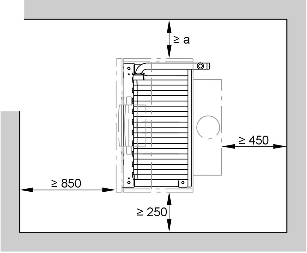 Dane techniczne dotyczące instalacji jednokotłowej (ciąg dalszy) Znamionowa moc kw 72 84 96 108 120 132 144 cieplna e mm 526 579 631 684 736 789 841 Wymiary korpusu kotła Przy trudnościach z