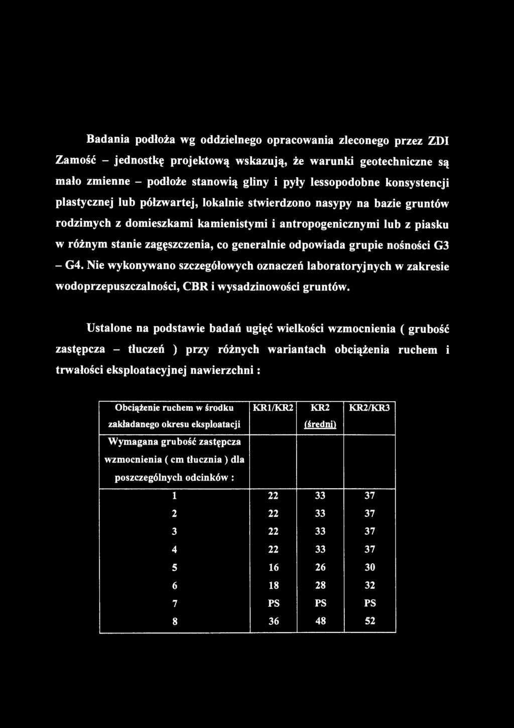 Badania podłoża wg oddzielnego opracowania zleconego przez ZDI Zamość - jednostkę projektową wskazują, że warunki geotechniczne są mało zmienne - podłoże stanowią gliny i pyły lessopodobne