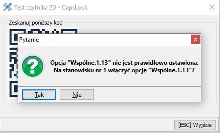 Rysunek 14 Test czytnika komunikat W tej sytuacji należy kliknąć Tak, aby opcja Wspólne 1.13 została odpowiednio ustawiona.