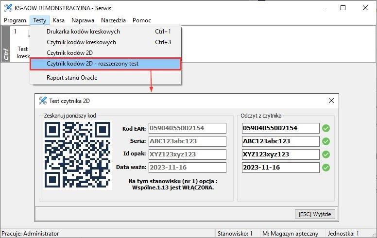 Test czytnika należy przeprowadzić na wszystkich stanowiskach w aptece. Dodatkowo użytkownik może wykonać rozszerzony test czytnika za pomocą opcji Czytnik kodów 2D rozszerzony test.