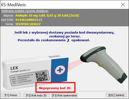 Rysunek 25 Niepoprawny kod 2D W takim przypadku należy dokładnie obejrzeć opakowanie i zeskanować kod dwuwymiarowy lub skorzystać z funkcji [F2] BRAK KODU 2D.