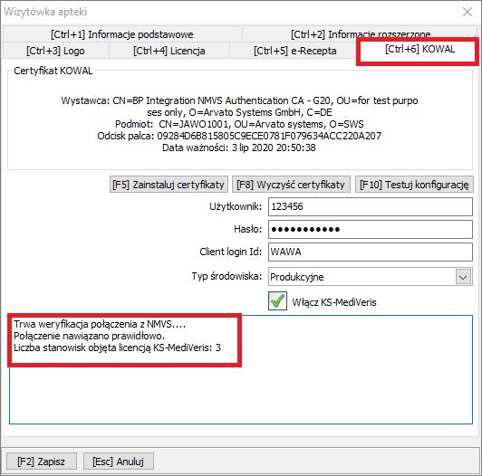 Rysunek 2 Uzupełnione dane w zakładce KOWAL Po poprawnym wgraniu certyfikatów i uzupełnieniu loginu i haseł, należy zapisać wprowadzone dane za pomocą funkcji [F2] ZAPISZ.
