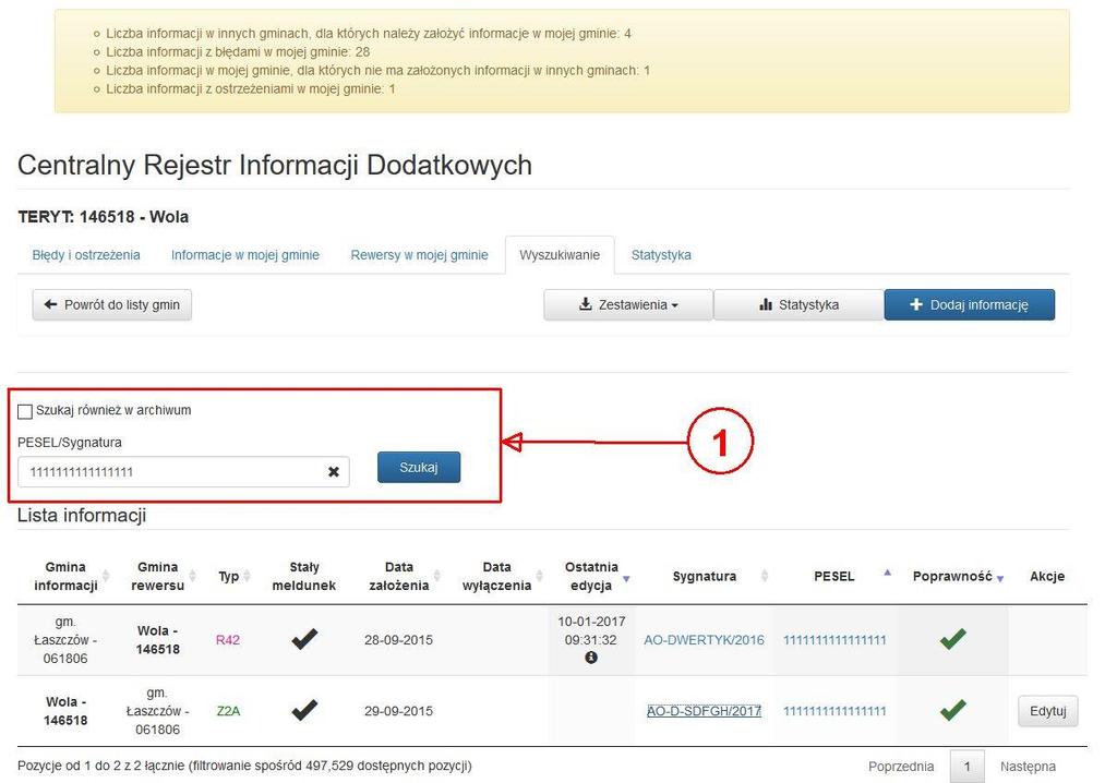 Rysunek 7-3 Przykładowa karta wyszukiwania w CRID. UWAGA Wyszukiwanie/filtrowanie danych po numerze PESEL następuje tylko po wpisaniu pełnego 11 znakowego numeru PESEL.