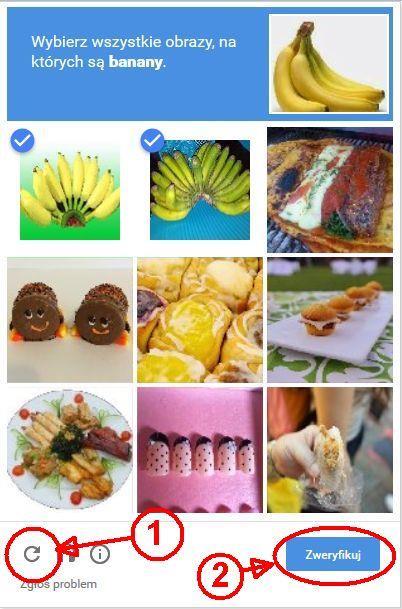Może zdarzyć się, że będzie trzeba wybrać obrazki zgodnie z wyświetlanym poleceniem systemu recaptcha (weryfikacji obrazkowej) w nowym okienku i nacisnąć przycisk Zweryfikuj (Rysunek 3-2 oznaczenie