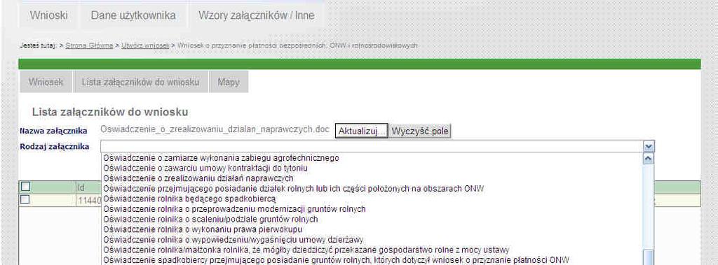 Dodanie załączników do wniosku Niewłaściwy załącznik moŝna zmienić uŝywając przycisku aktualizuj.