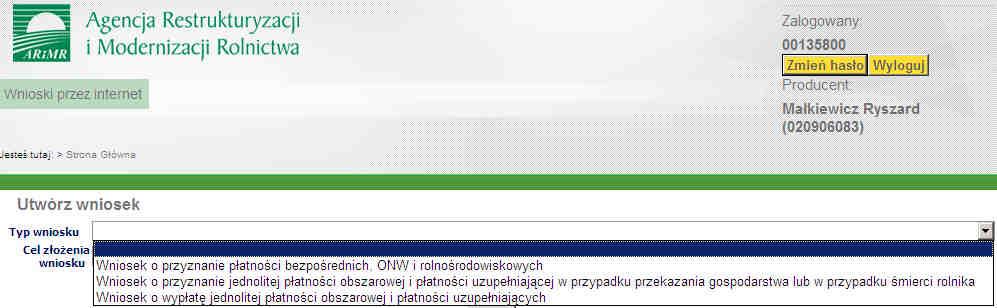 Wybór typu i celu złoŝenia wniosku NaleŜy wybrać Wniosek o