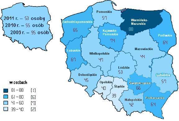 20 Mapa 4. Liczba osób korzystających z pomocy społecznej na 1 tys. mieszkańców w 2011 r.