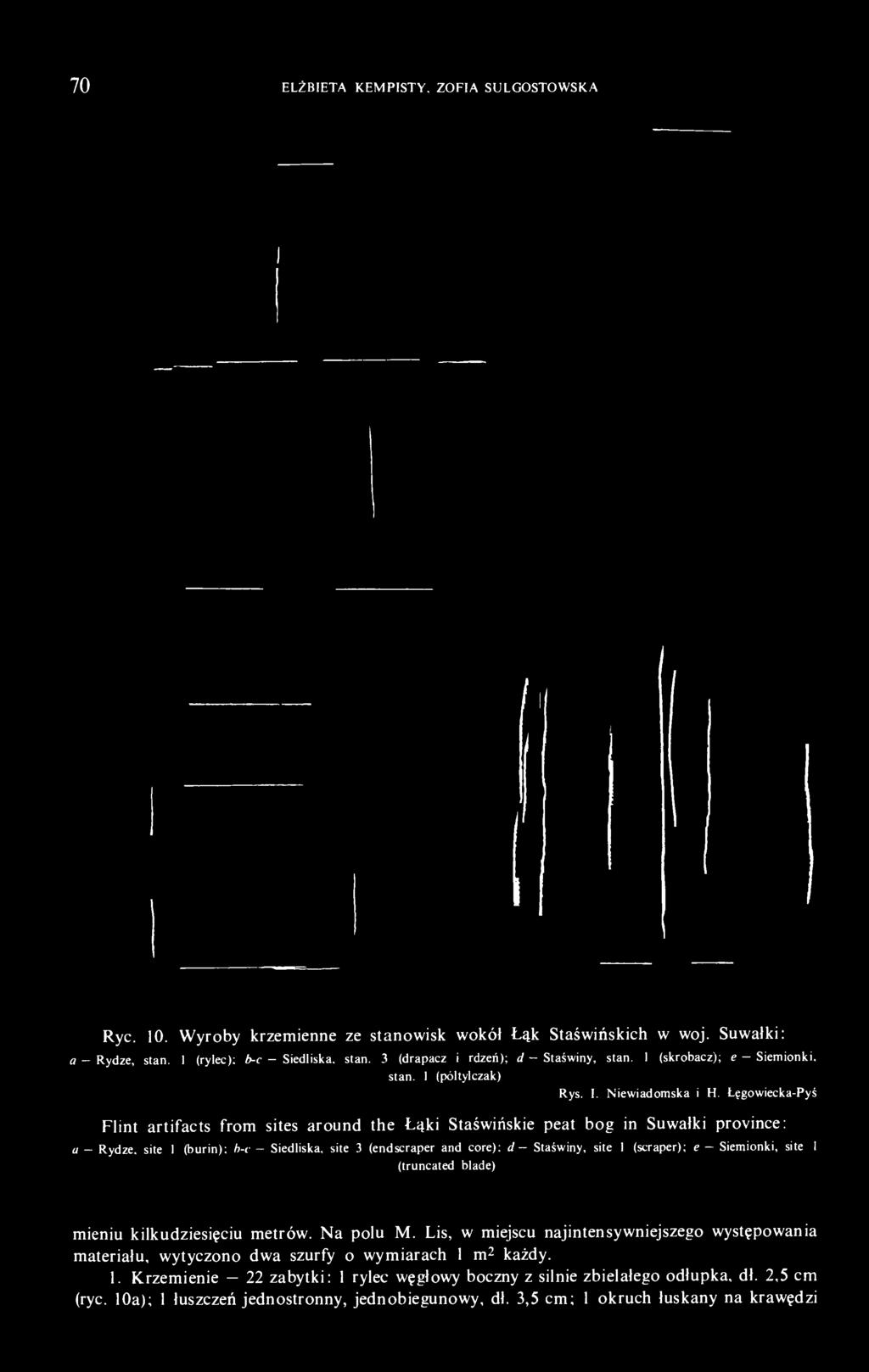 Łęgowiecka-Pyś Flint artifacts from sites around the Łąki Staświńskie peat bog in Suwałki province: a - Rydze, site 1 (burin); b-c - Siedliska, site 3 (endscraper and core): d - Staświny, site 1