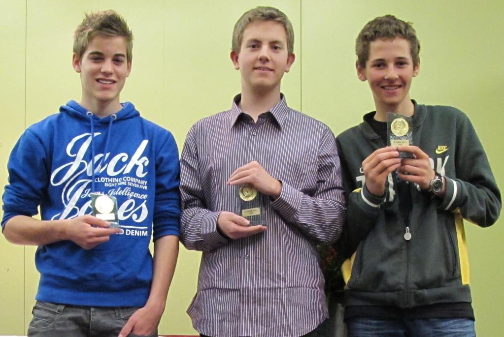 Schlussrangliste Kategorie U16: v.l.n.r: Dimitar Iliev (3. Rang), Aurélien Pomini (1. Rang), Leonard Züst (2. Rang) 1 Hasenohr,Benedict 2154 15W1 16S1 2S½ 6W1 3W1 5S1 4W½ 6 29 192.