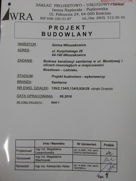 2. Opracowanie dokumentacji projektowej sieci wodociągowo - kanalizacyjnej na ulicy Morelowej w