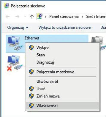 W oknie Połączenia sieciowe klikając prawym przyciskiem myszki na kartę sieciową, przez którą komputer ma dostęp do internetu: Wybierz z menu Właściwości, następnie zakładkę Udostępnianie.