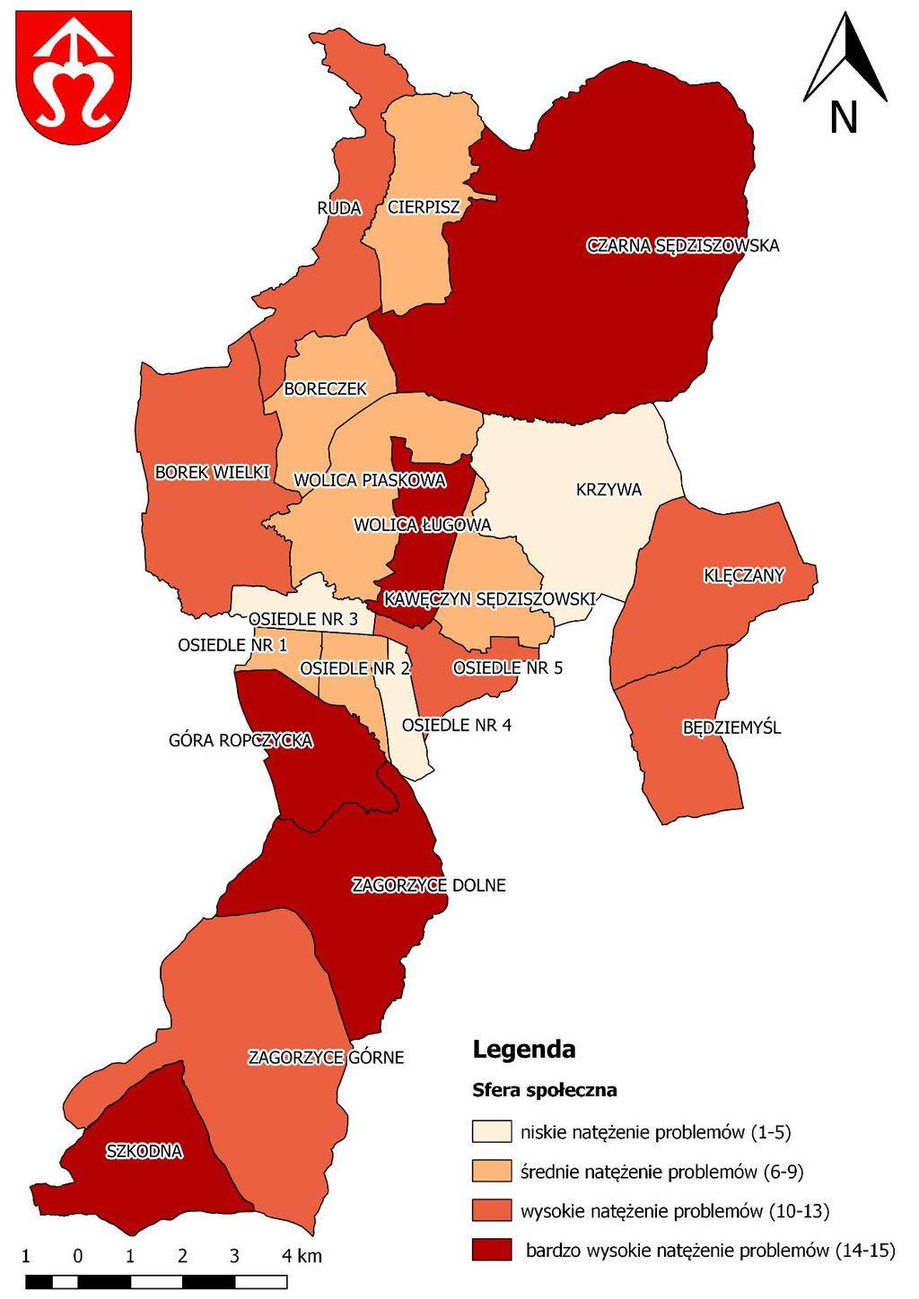 Mapa 3 Koncentracja negatywnych zjawisk w sferze społecznej w poszczególnych jednostkach referencyjnych na terenie Gminy Sędziszów Małopolski Źródło: Opracowanie własne na podstawie danych