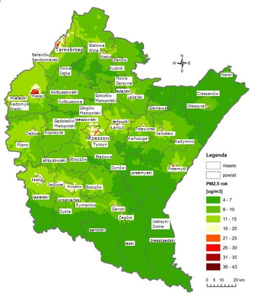 Mapa 9 Rozkład stężeń pyłu zawieszonego PM2,5 stężenia roczne na terenie województwa podkarpackiego w 2015 roku Źródło: Roczna ocena jakości powietrza w województwie podkarpackim w 2015 r.