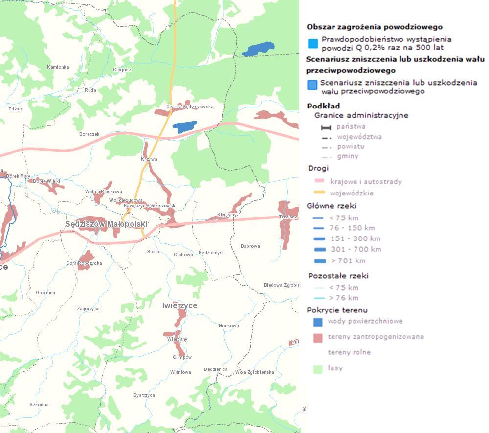 Mapa 12 Obszar zagrożenia powodziowego na terenie Gminy Sędziszów Małopolski Źródło: Hydroportal Krajowego Zarządu Gospodarki Wodnej, kzgw.gov.