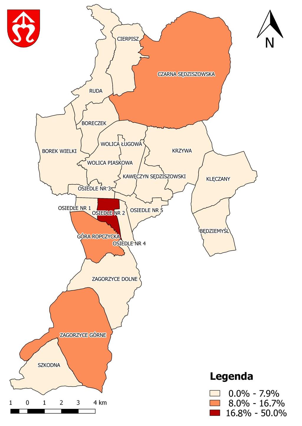 Mapa 21 Rozkład wartości wskaźnika udział zabytków nieruchomych wpisanych do rejestru zabytków będących w stanie degradacji technicznej w liczbie tych zabytków w gminie ogółem