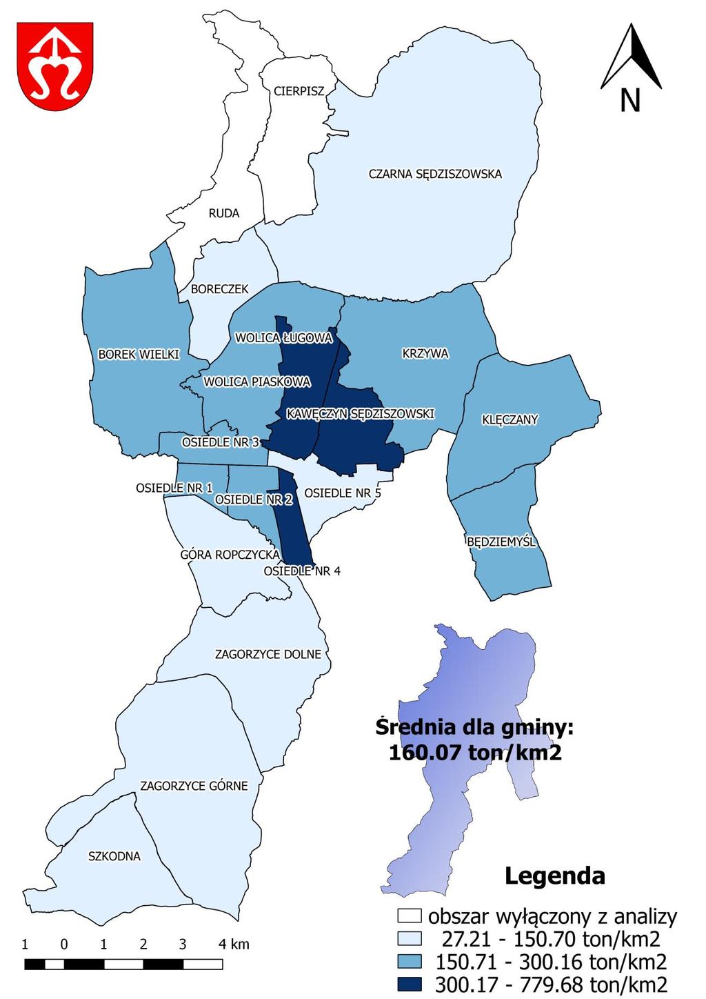 Mapa 22 Rozkład wartości wskaźnika ilość odpadów stwarzających zagrożenie dla życia i zdrowia ludzi lub stanu środowiska azbest w poszczególnych