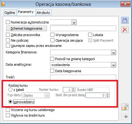 Rys 6. Rdzaj kursu na peracji bankwej W przypadku gdy ustawiny jest rdzaj kursu Wprwadzny znacza t, że użytkwnik sam mże kreślić według jakieg kursu daną wartść zaimprtwać.