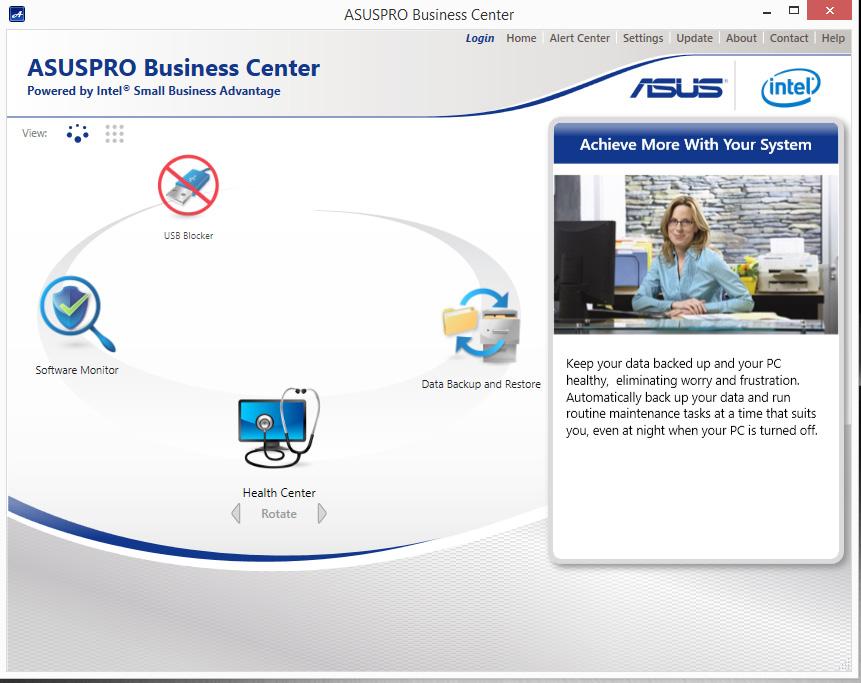 Ekran główny pakietu ASUSPRO Business Center opcje menu Kliknij dowolną z
