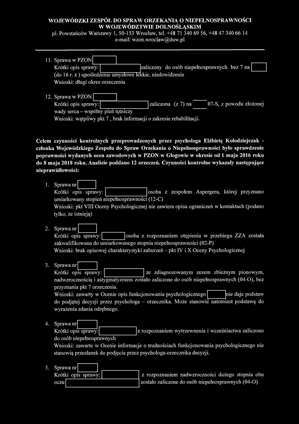 07-S, z powodu złożonej Celem czynności kontrolnych przeprowadzonych przez psychologa Elżbietę Kołodziejczak - członka Wojewódzkiego Zespołu do Spraw Orzekania o Niepełnosprawności było sprawdzenie